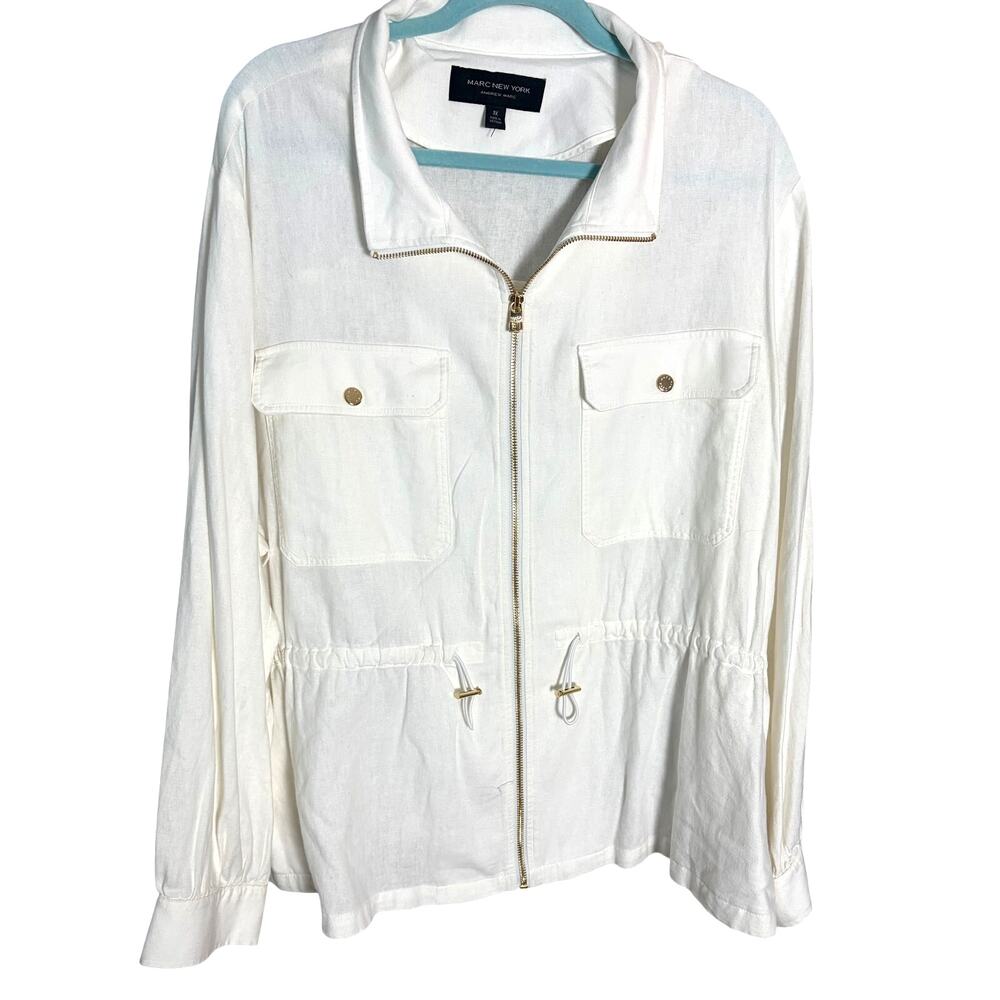 Marc New York Andrew Marc Linen Utility Jacket White 3X Gold Zip Plus Size NWT